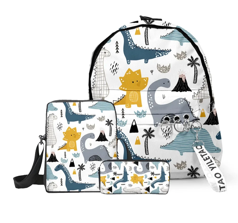 Ensemble sac à dos, trousse et sacoche dinosaures